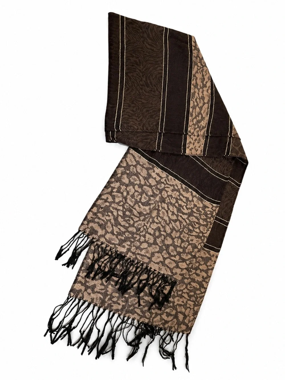 Pashmina Scarf Shawl Wrap Brown Animal Print Metallic Cover Up Fringe 80x27 OSFA